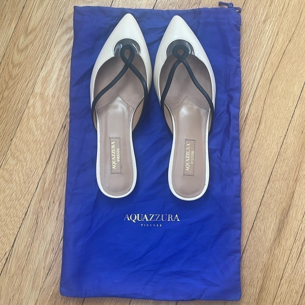 NWT Aquazurra Villa Flats Cream & Black Gold Leather Suede Nappa - size 35 - Picture 3 of 4